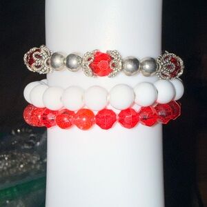 Red and White Beaded Bracelet Set
